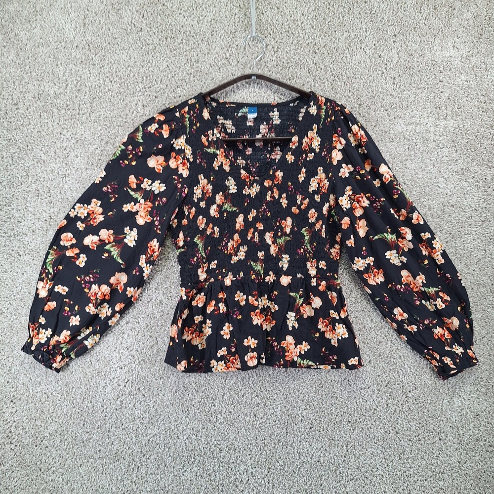 Old Navy Blouse Womens Medium Black Floral Smocked Boho Cottagecore